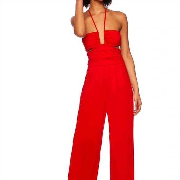 NEW SUSANA MONACO square string halter flare leg jumpsuit in perfect red - Picture 1 of 2